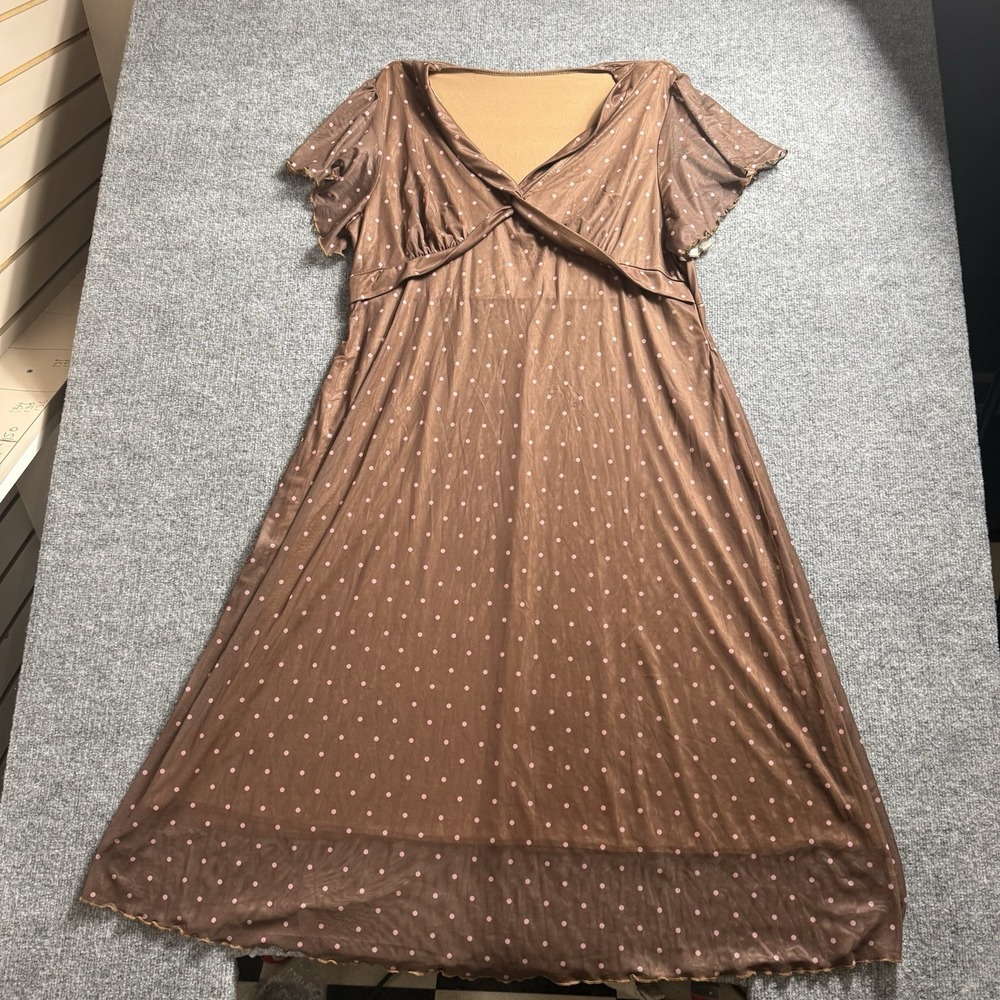 Womens Brown Pink Polka Dot Mesh Dress Short Sleeve Empire Waist Y2K Vintage 4X